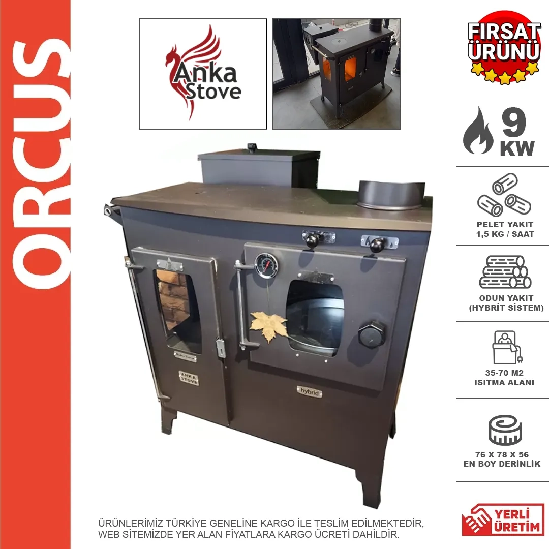 Orcus Dekoratif Hibrit (pelet+odun) Yatay Kuzineli Pelet Soba